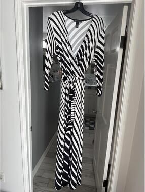 INC International Concepts Black and White Stripe Wrap Maxi Dress Long Sleeve